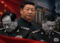 Xi Jinping flanked by two Chinese military generals in a dark, tense political-military scene, with the Chinese flag, PLA troops, a missile launcher and shadowy US-China imagery in the background, symbolising a leadership purge and allegations of nuclear espionage.