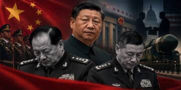 Xi Jinping flanked by two Chinese military generals in a dark, tense political-military scene, with the Chinese flag, PLA troops, a missile launcher and shadowy US-China imagery in the background, symbolising a leadership purge and allegations of nuclear espionage.