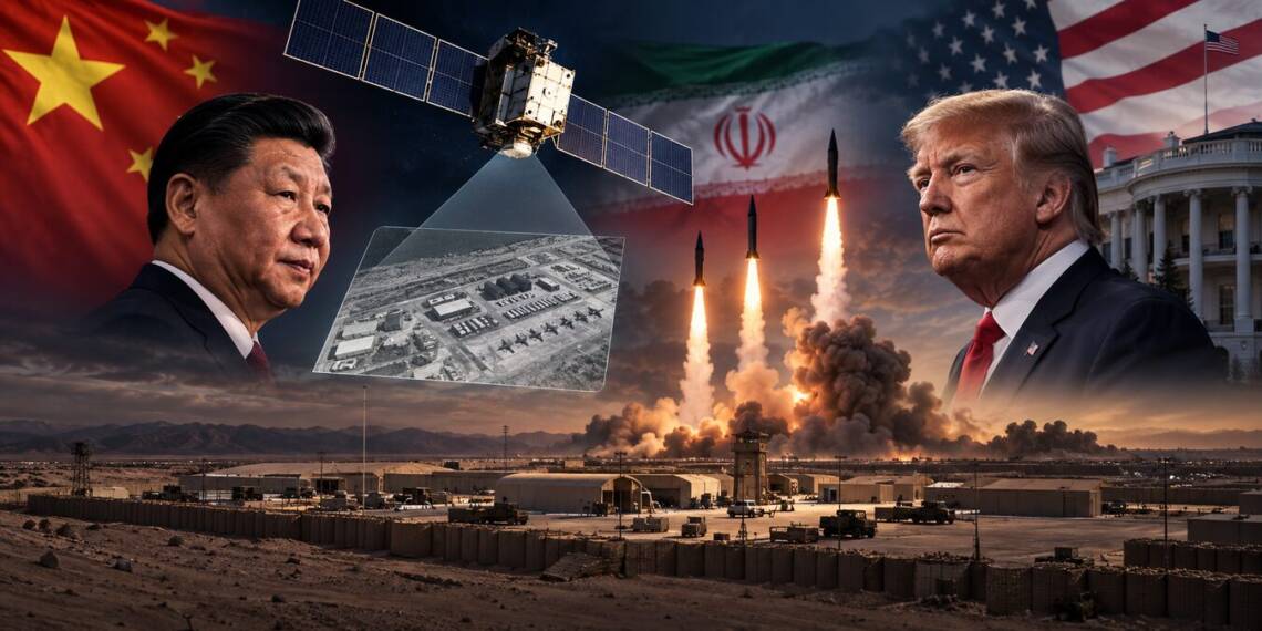 “Cinematic depiction of China–Iran–US tensions, showing Xi Jinping and Donald Trump flanking a reconnaissance satellite surveying a military air base, with Iranian ballistic missiles launching in the background.”