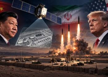 “Cinematic depiction of China–Iran–US tensions, showing Xi Jinping and Donald Trump flanking a reconnaissance satellite surveying a military air base, with Iranian ballistic missiles launching in the background.”