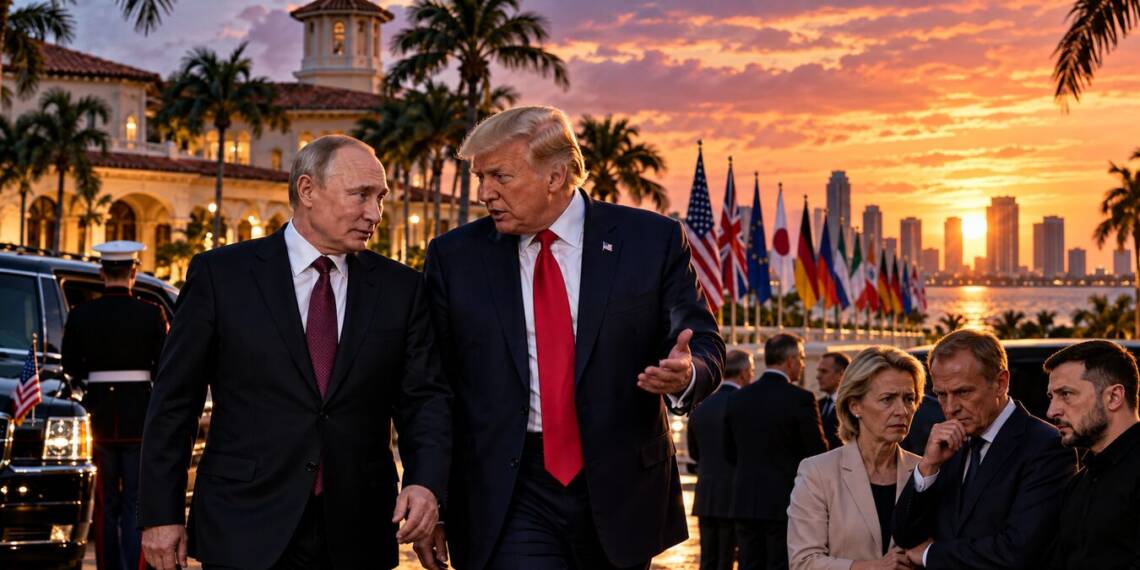 Donald Trump and Vladimir Putin walk together outside a palm-lined Miami resort as European leaders look on during a tense international summit. G20