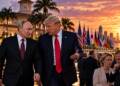 Donald Trump and Vladimir Putin walk together outside a palm-lined Miami resort as European leaders look on during a tense international summit. G20