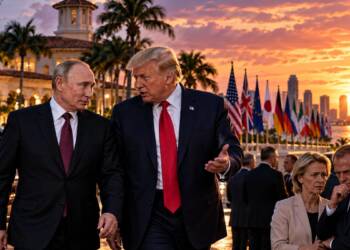 Donald Trump and Vladimir Putin walk together outside a palm-lined Miami resort as European leaders look on during a tense international summit. G20