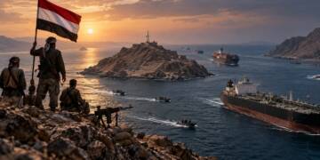 Armed Houthi fighters overlooking a strategic sea chokepoint from a rocky island, with patrol boats and commercial tankers passing through the narrow waters between rugged coastlines at sunset.