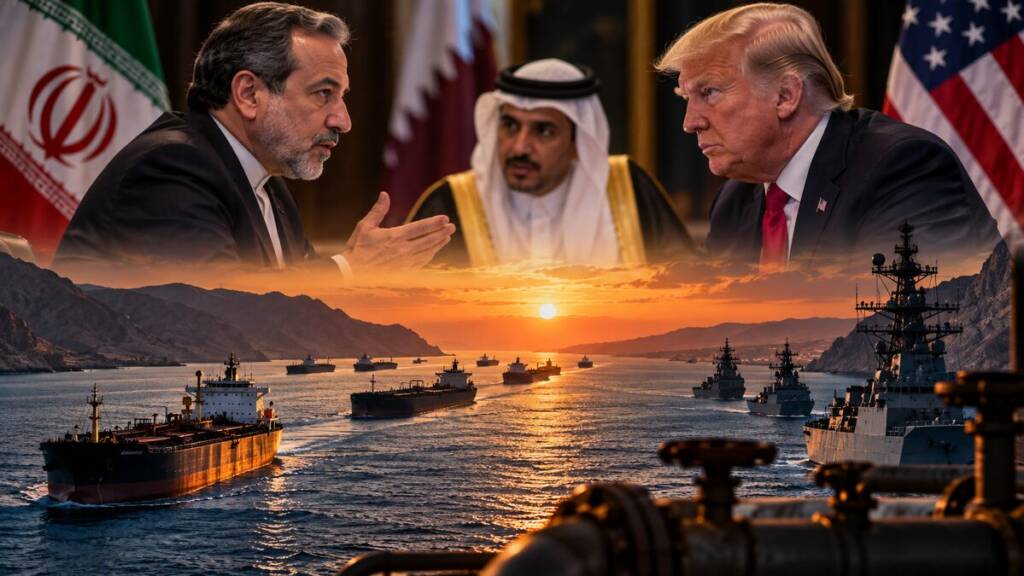US-Iran diplomatic standoff over the Strait of Hormuz, with Iranian and American officials facing each other as a Qatari mediator looks on, while oil tankers and naval vessels navigate the strait at sunset.”