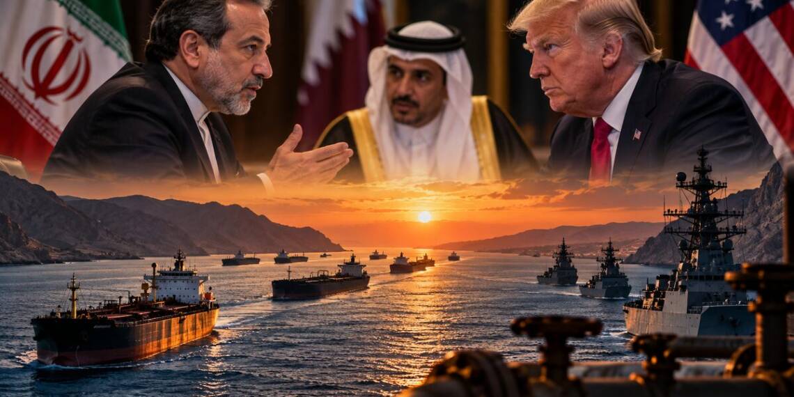 US-Iran diplomatic standoff over the Strait of Hormuz, with Iranian and American officials facing each other as a Qatari mediator looks on, while oil tankers and naval vessels navigate the strait at sunset.”