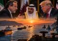 US-Iran diplomatic standoff over the Strait of Hormuz, with Iranian and American officials facing each other as a Qatari mediator looks on, while oil tankers and naval vessels navigate the strait at sunset.”