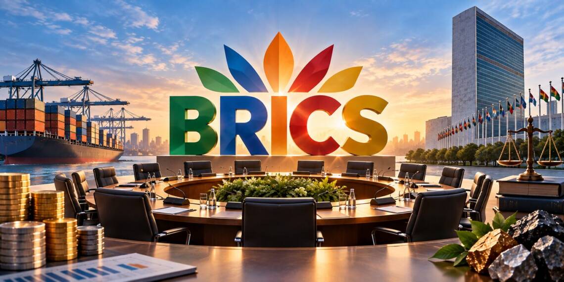 BRICS emblem above an empty international summit table, with a global trade port, UN-style building, currency, justice scales and critical minerals symbolising geopolitics and multilateral cooperation