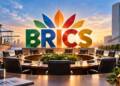 BRICS emblem above an empty international summit table, with a global trade port, UN-style building, currency, justice scales and critical minerals symbolising geopolitics and multilateral cooperation