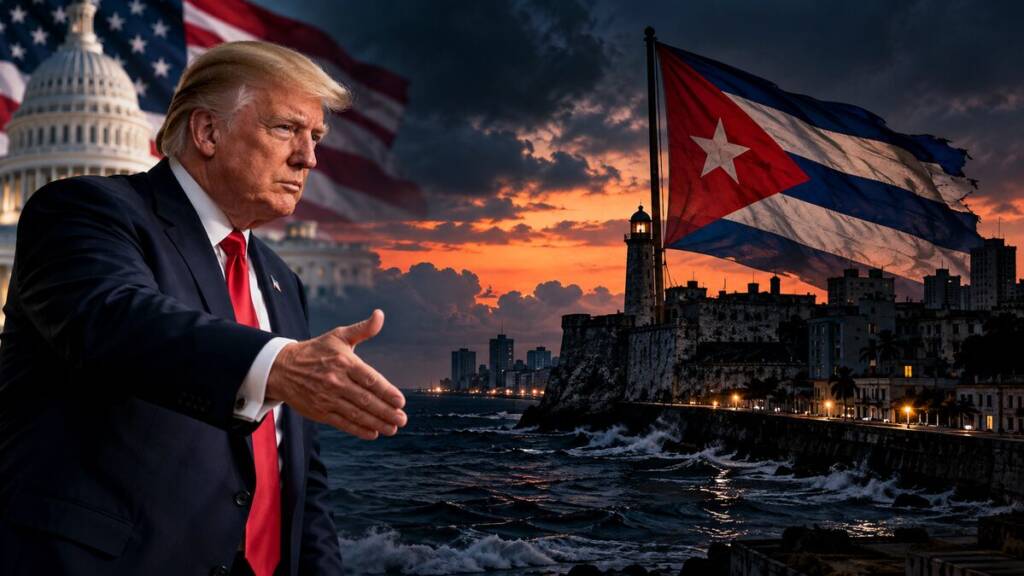 Donald Trump gestures towards a darkened Havana skyline and Cuban flag at sunset, symbolising possible US-Cuba negotiations amid economic and political tensions.”