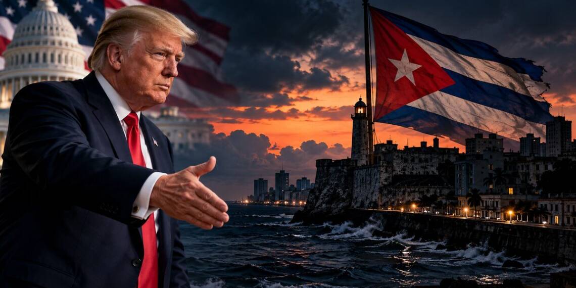 Donald Trump gestures towards a darkened Havana skyline and Cuban flag at sunset, symbolising possible US-Cuba negotiations amid economic and political tensions.”