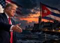 Donald Trump gestures towards a darkened Havana skyline and Cuban flag at sunset, symbolising possible US-Cuba negotiations amid economic and political tensions.”
