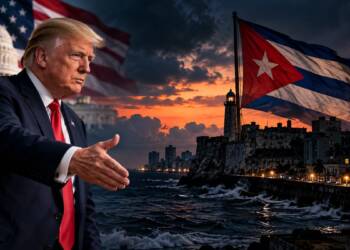 Donald Trump gestures towards a darkened Havana skyline and Cuban flag at sunset, symbolising possible US-Cuba negotiations amid economic and political tensions.”