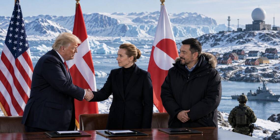 US, Danish and Greenland leaders shake hands during a security agreement signing, with Arctic glaciers, military facilities, naval vessels and national flags in the background.