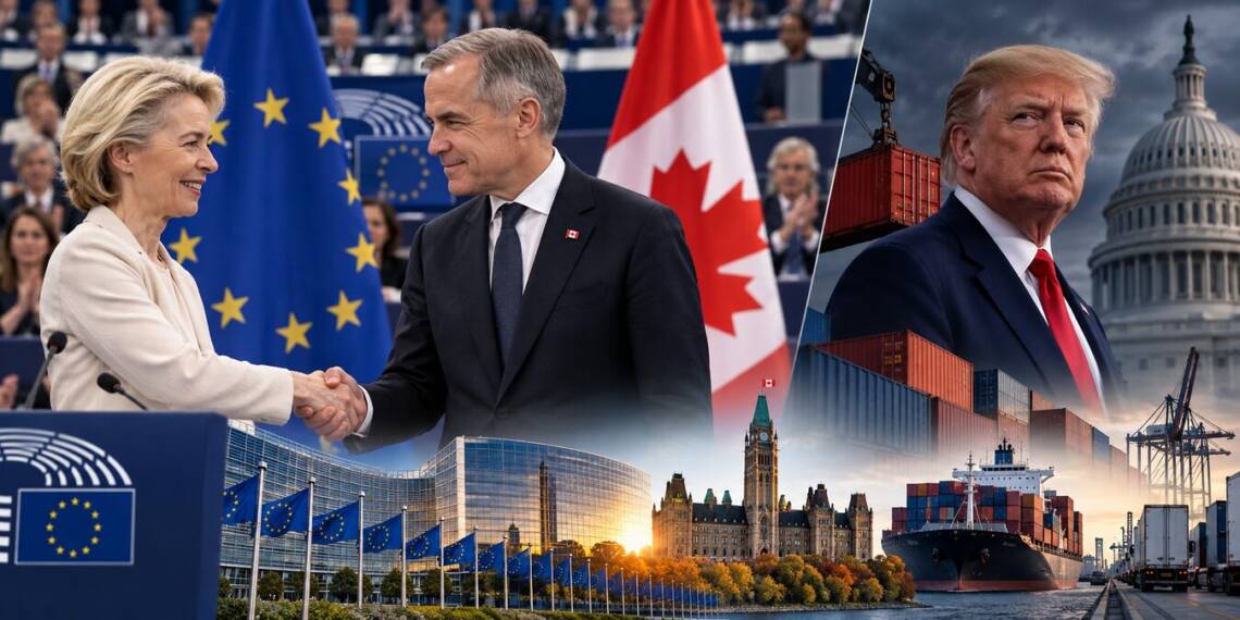 Canadian Prime Minister Mark Carney and European Commission President Ursula von der Leyen shake hands amid Canadian and EU flags, while Donald Trump stands near the US Capitol and cargo containers, symbolising Canada’s closer ties with Europe amid US tariff tensions. EU.