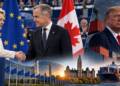 Canadian Prime Minister Mark Carney and European Commission President Ursula von der Leyen shake hands amid Canadian and EU flags, while Donald Trump stands near the US Capitol and cargo containers, symbolising Canada’s closer ties with Europe amid US tariff tensions. EU.