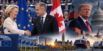 Canadian Prime Minister Mark Carney and European Commission President Ursula von der Leyen shake hands amid Canadian and EU flags, while Donald Trump stands near the US Capitol and cargo containers, symbolising Canada’s closer ties with Europe amid US tariff tensions. EU.