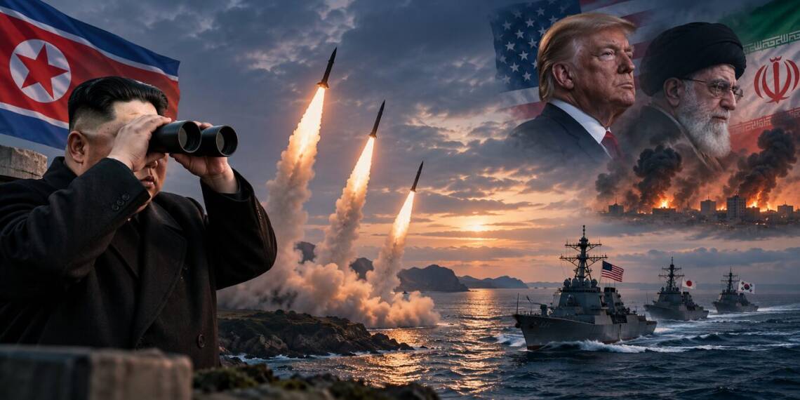 Kim Jong Un watches missiles launches as U.S., Japanese and South Korean warships patrol the sea, with Trump and Iran's leadership depicted amid a backdrop of military escalation and conflict.