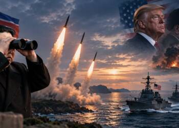 Kim Jong Un watches missiles launches as U.S., Japanese and South Korean warships patrol the sea, with Trump and Iran's leadership depicted amid a backdrop of military escalation and conflict.