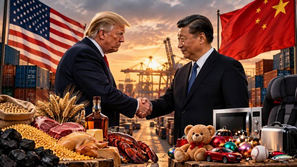 Donald Trump and Xi Jinping shake hands at a port, surrounded by US and Chinese flags, shipping containers, cargo cranes, American agricultural exports and Chinese consumer goods, symbolising US-China trade negotiations.