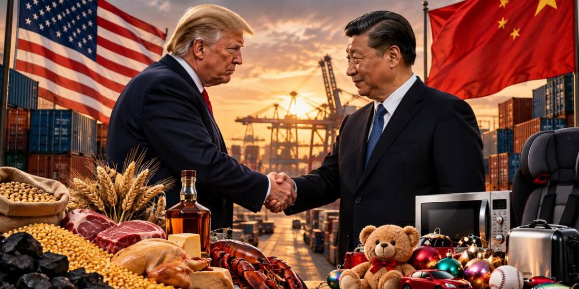 Donald Trump and Xi Jinping shake hands at a port, surrounded by US and Chinese flags, shipping containers, cargo cranes, American agricultural exports and Chinese consumer goods, symbolising US-China trade negotiations.
