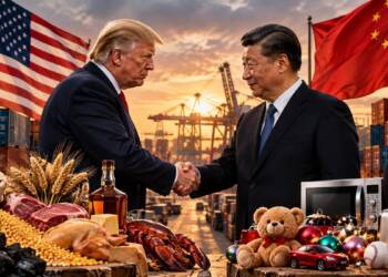 Donald Trump and Xi Jinping shake hands at a port, surrounded by US and Chinese flags, shipping containers, cargo cranes, American agricultural exports and Chinese consumer goods, symbolising US-China trade negotiations.