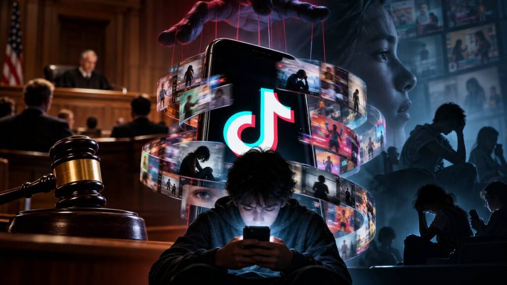 Teenager using a smartphone surrounded by a swirling TikTok video feed, with a courtroom, judge’s gavel and distressed young people in the background, symbolising the legal and mental-health concerns surrounding social media addiction