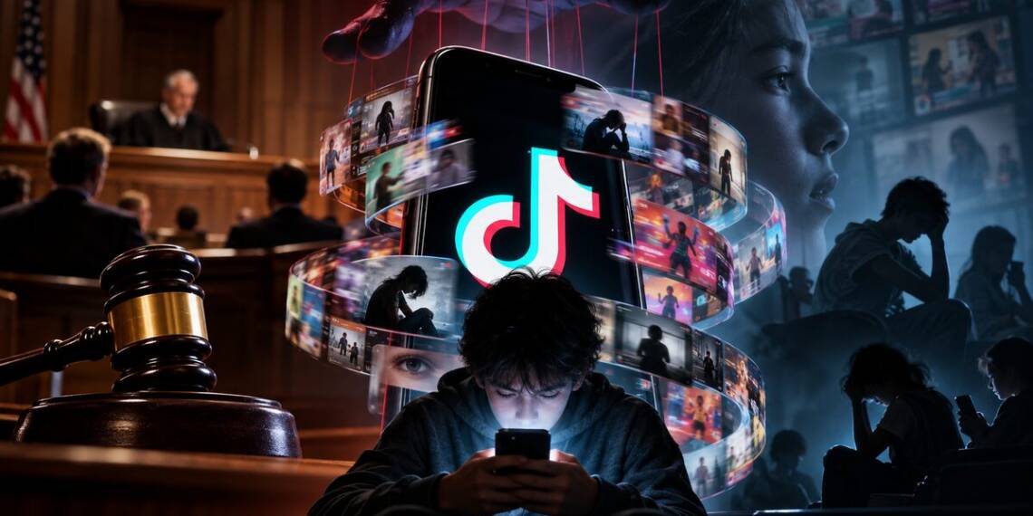 Teenager using a smartphone surrounded by a swirling TikTok video feed, with a courtroom, judge’s gavel and distressed young people in the background, symbolising the legal and mental-health concerns surrounding social media addiction