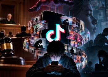 Teenager using a smartphone surrounded by a swirling TikTok video feed, with a courtroom, judge’s gavel and distressed young people in the background, symbolising the legal and mental-health concerns surrounding social media addiction