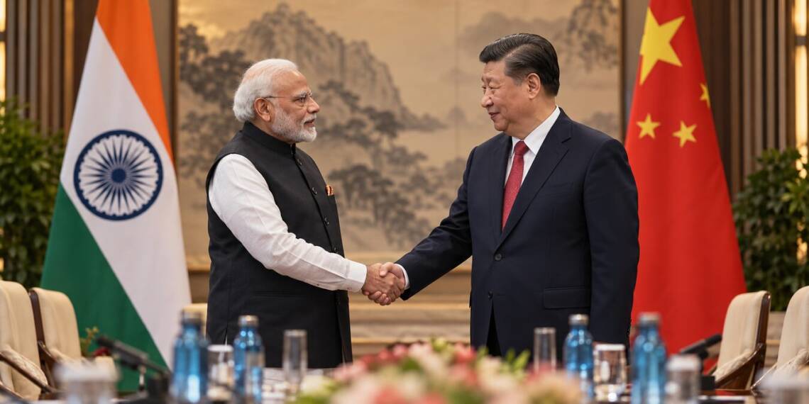 Indian Prime Minister Narendra Modi and Chinese President Xi Jinping shake hands during a formal diplomatic meeting, with the Indian and Chinese flags displayed behind them.