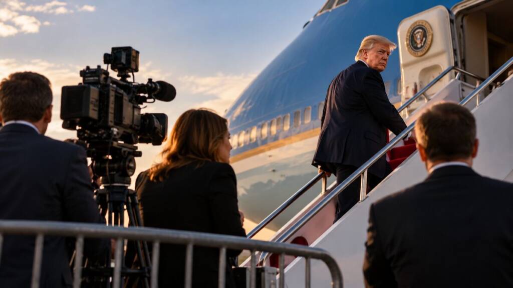 Donald Trump boards a presidential aircraft as journalists and television cameras watch from behind a barrier on the tarmac.CNN