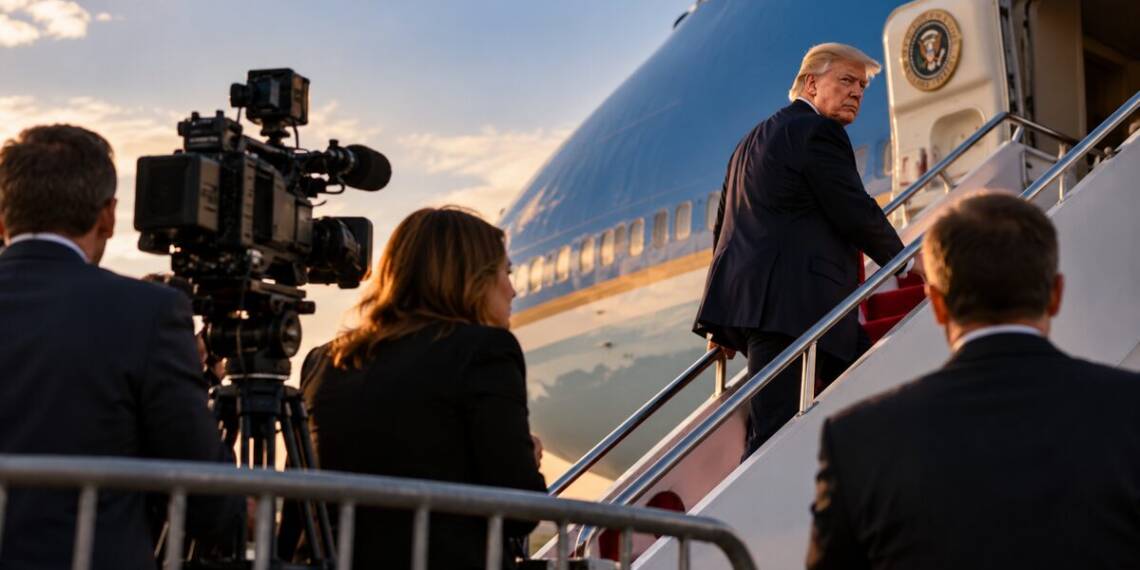 Donald Trump boards a presidential aircraft as journalists and television cameras watch from behind a barrier on the tarmac.CNN