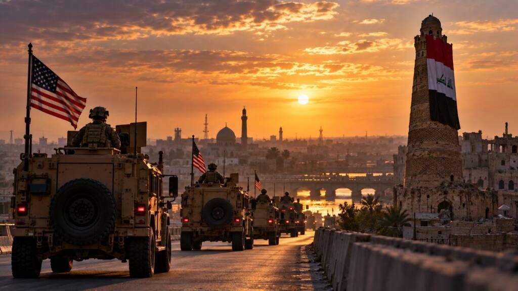 US military convoy leaving Iraq at sunset, with American flags, a war-scarred city, and the historic al-Hadba minaret draped in the Iraqi flag.