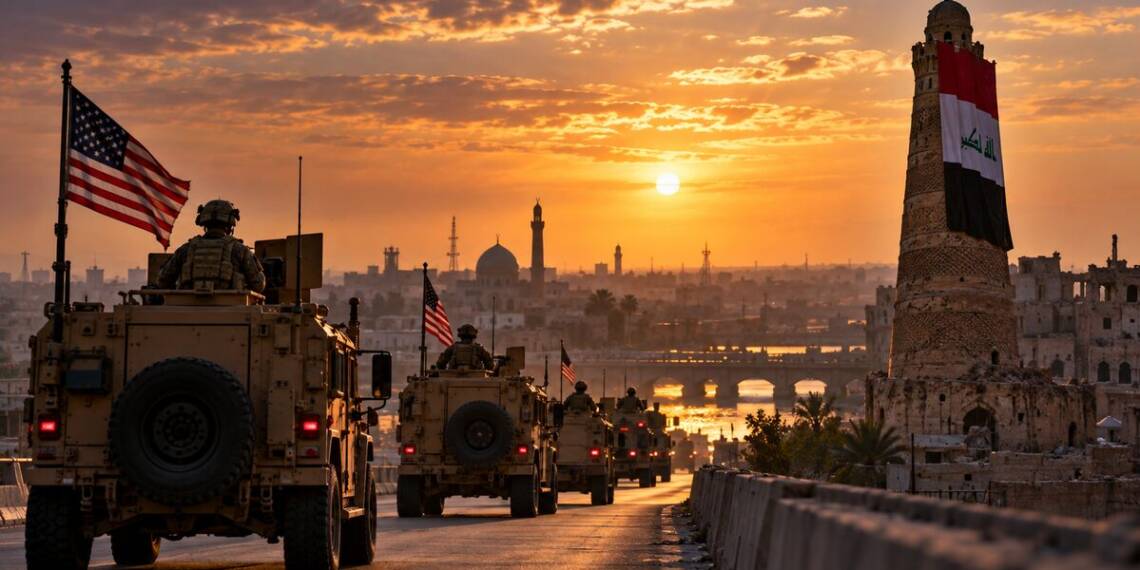 US military convoy leaving Iraq at sunset, with American flags, a war-scarred city, and the historic al-Hadba minaret draped in the Iraqi flag.