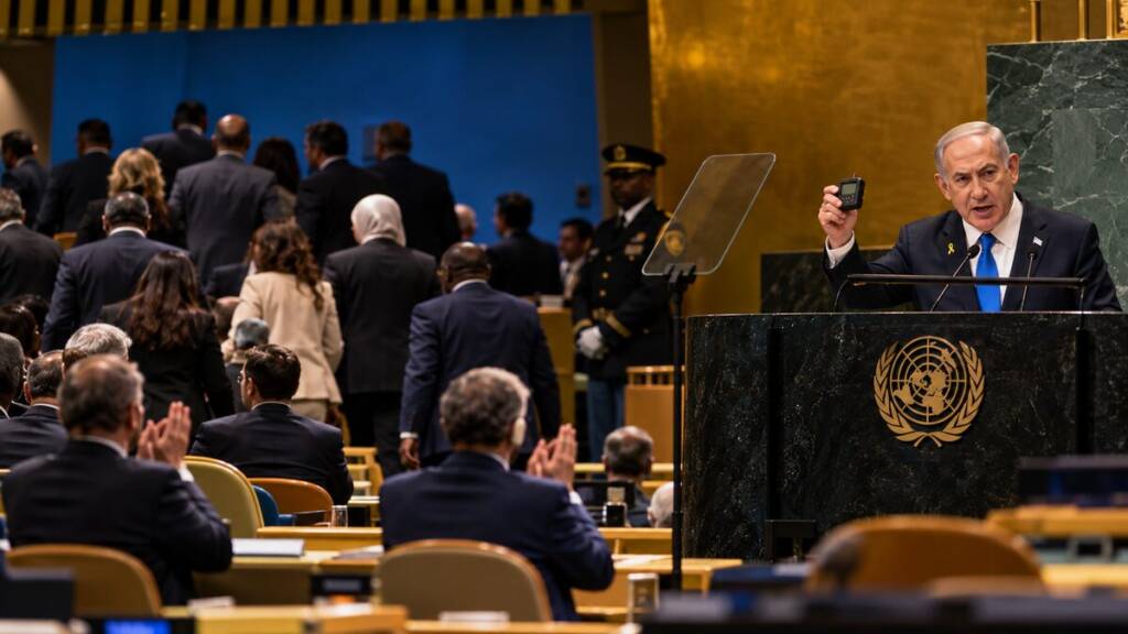 Israeli Prime Minister Benjamin Netanyahu speaks at the UN General Assembly as delegates walk out of the chamber, with some remaining delegates applauding.