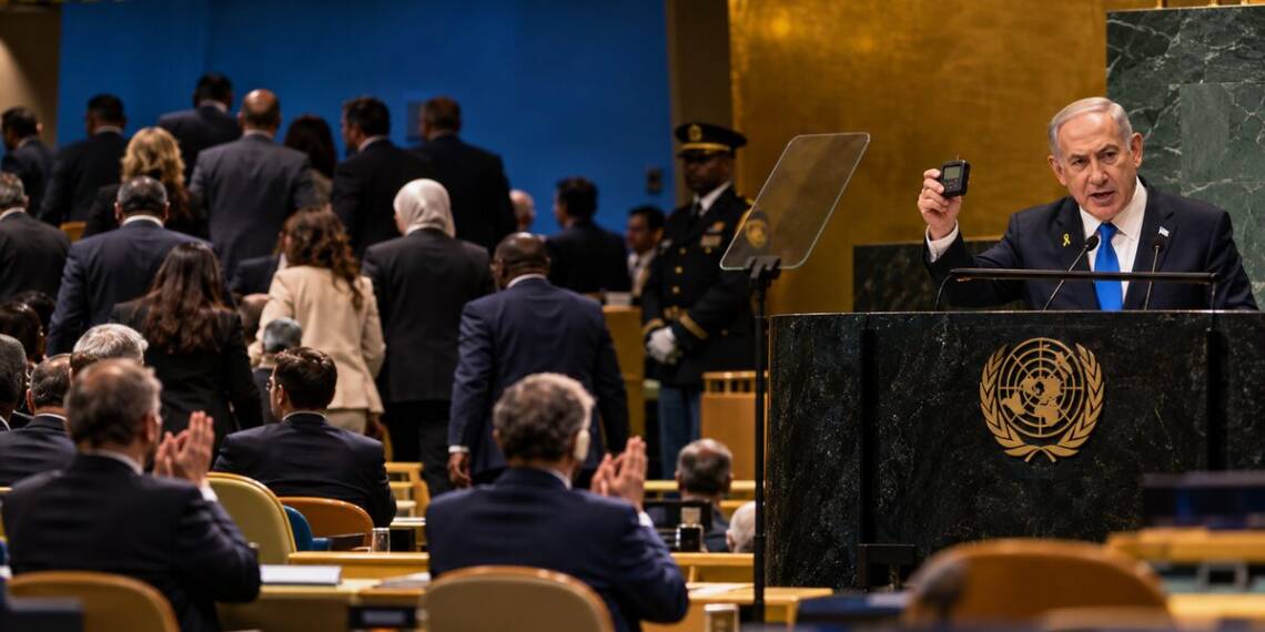 Israeli Prime Minister Benjamin Netanyahu speaks at the UN General Assembly as delegates walk out of the chamber, with some remaining delegates applauding.