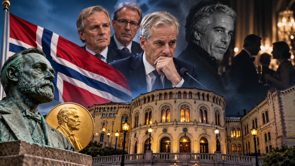 Norwegian flag and Parliament building with political figures, a Nobel medal, and shadowy elite gathering symbolising the country’s Epstein scandal and diplomatic scrutiny. Norway Epstein hearings