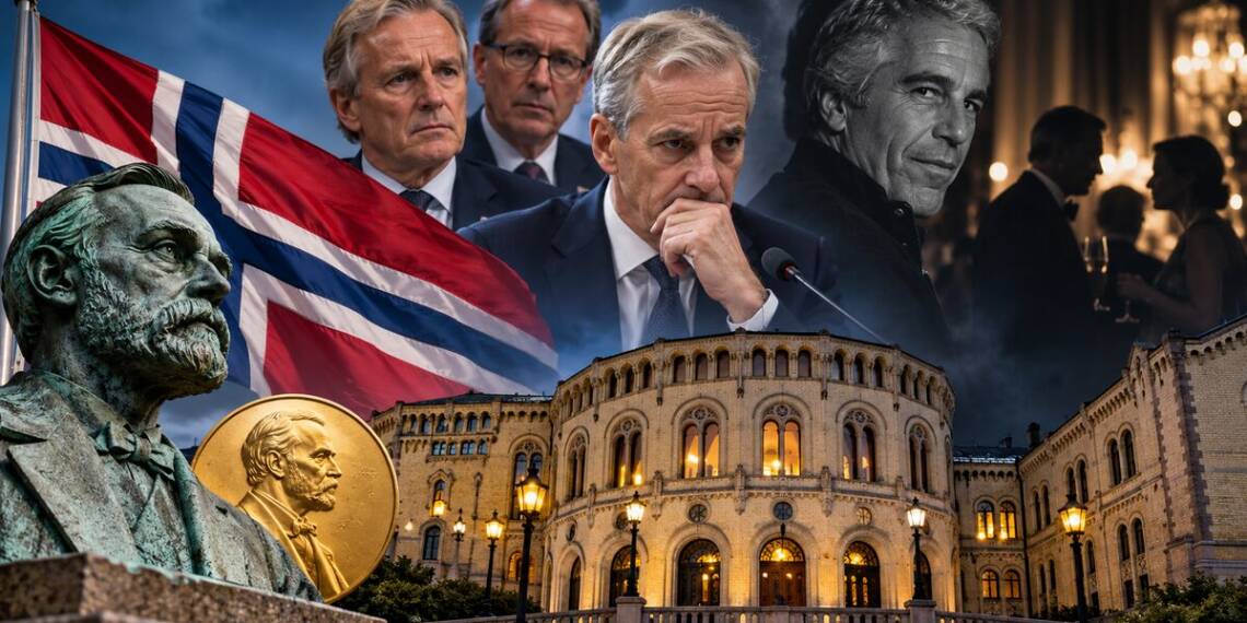 Norwegian flag and Parliament building with political figures, a Nobel medal, and shadowy elite gathering symbolising the country’s Epstein scandal and diplomatic scrutiny. Norway Epstein hearings