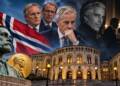 Norwegian flag and Parliament building with political figures, a Nobel medal, and shadowy elite gathering symbolising the country’s Epstein scandal and diplomatic scrutiny. Norway Epstein hearings
