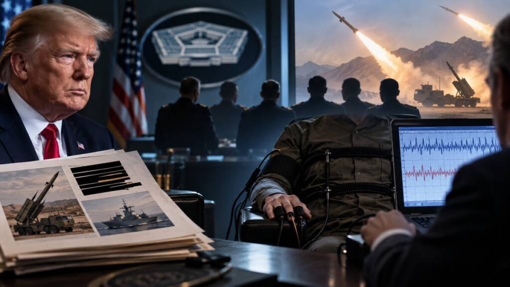 “US military officer undergoing a polygraph test during a Pentagon leak investigation, with classified documents, Trump. missile launches and senior military officials in the background.”