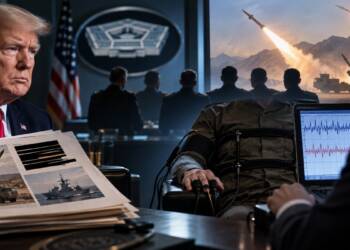 “US military officer undergoing a polygraph test during a Pentagon leak investigation, with classified documents, Trump. missile launches and senior military officials in the background.”