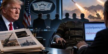 “US military officer undergoing a polygraph test during a Pentagon leak investigation, with classified documents, Trump. missile launches and senior military officials in the background.”