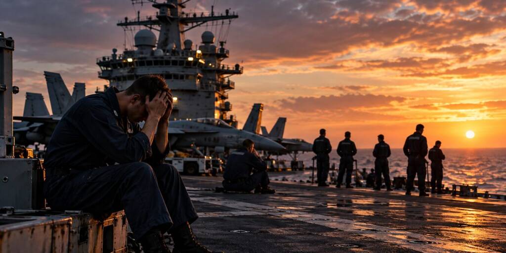 A distressed US Navy sailor sits on an aircraft carrier flight deck at sunset, with fighter jets, fellow sailors and the carrier’s island structure visible in the background.