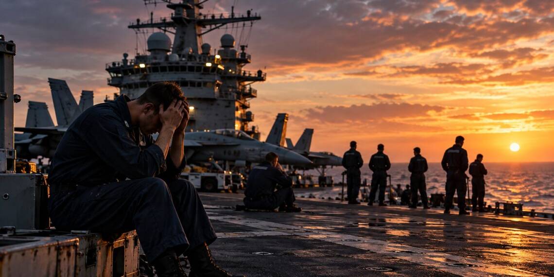 A distressed US Navy sailor sits on an aircraft carrier flight deck at sunset, with fighter jets, fellow sailors and the carrier’s island structure visible in the background.