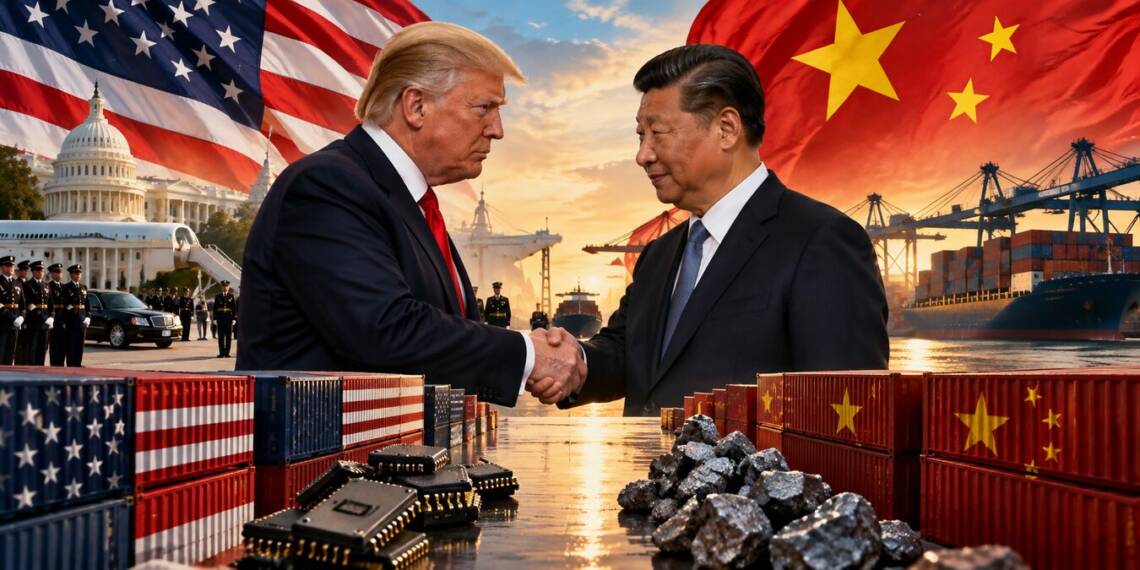 Donald Trump and Xi Jinping shake hands amid US-China flags, shipping containers, cargo ships, semiconductor chips and rare-earth minerals, symbolising trade tensions and fragile economic cooperation between the two countries.