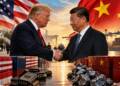 Donald Trump and Xi Jinping shake hands amid US-China flags, shipping containers, cargo ships, semiconductor chips and rare-earth minerals, symbolising trade tensions and fragile economic cooperation between the two countries.