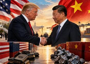 Donald Trump and Xi Jinping shake hands amid US-China flags, shipping containers, cargo ships, semiconductor chips and rare-earth minerals, symbolising trade tensions and fragile economic cooperation between the two countries.
