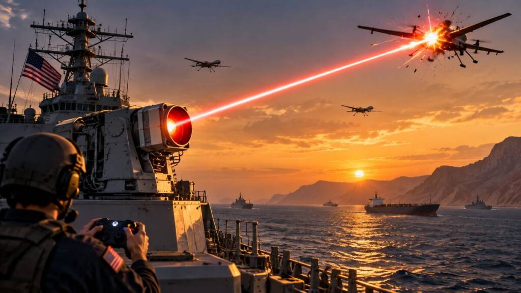 US Navy sailor operating a game-style controller as a ship-mounted laser targets a drone over the Strait of Hormuz at sunset, with commercial vessels and warships in the background.