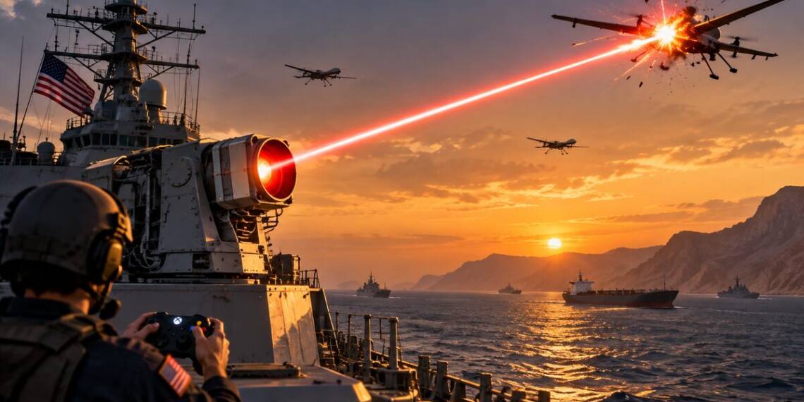 US Navy sailor operating a game-style controller as a ship-mounted laser targets a drone over the Strait of Hormuz at sunset, with commercial vessels and warships in the background.