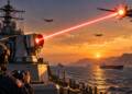 US Navy sailor operating a game-style controller as a ship-mounted laser targets a drone over the Strait of Hormuz at sunset, with commercial vessels and warships in the background.